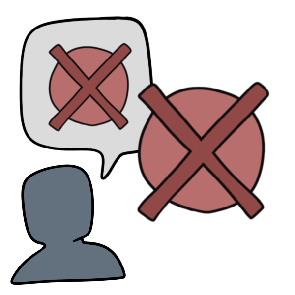 a dark blue head and shoulders shape with a speech bubble above it that has a red crossed out circle in it sits beside a larger red crossed out circle